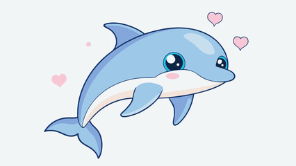 Fototapeta premium Cute blue dolphin with big eyes and pink hearts floating around