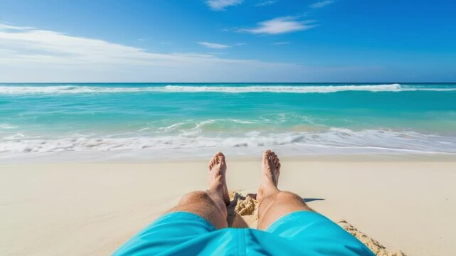 Firstperson view of legs relaxing on a sandy beach with gentle waves rolling onto the shore