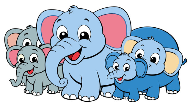A happy family of cartoon elephants of various sizes and colors