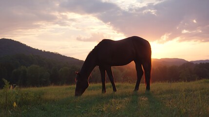 Obraz premium Horse Grazing in Field at Sunset