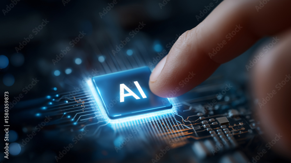 Poster fingertapping an ai chip on a digital circuit board