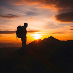 Silhouette of a Hiker on a Mountain Ridge at Sunset with Dramatic Sky