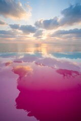 Discover the beauty of a pink lake: a stunning aerial view with sky and clouds