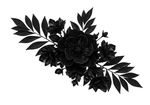 Isolated Black Floral Bouquet On Transparent Background Monochrome Design
