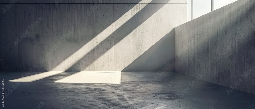 Poster light and space empty room with light streaming through a window, casting sharp lines and geometric 