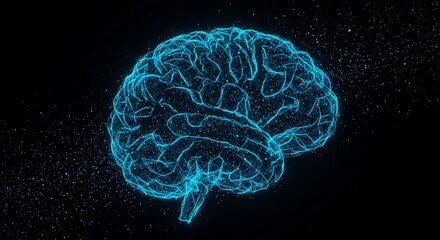Obraz premium Glowing blue digital brain outline against a dark background with scattered particles, representing intelligence, technology, and neuroscience.