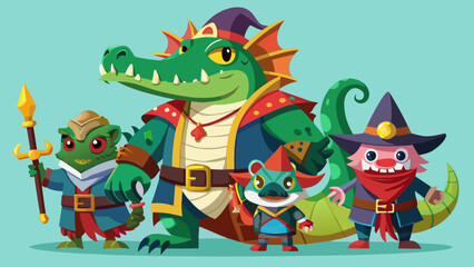 Naklejka premium A group of colorful fantasy creatures dressed in medieval costumes and holding weapons