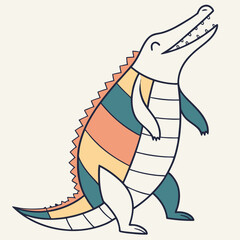 Playful cartoon alligator with colorful geometric patterns standing on hind legs
