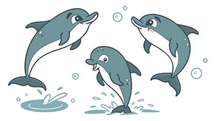 Fototapeta premium Three cute cartoon dolphins jumping and playing in the water with bubbles