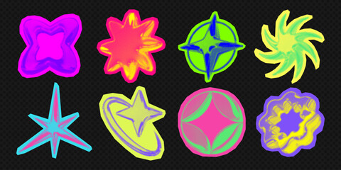 Y2k 3d punk neon colors light chrome halftone stars shape retro abstract vector illustration sticker set. Chrome silver 3d metallic halftone semitone retro effect bright neon color star collection.