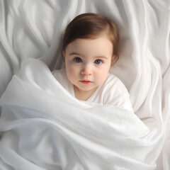 White Velveteen Blanket Covering Baby Girl in Warm Light