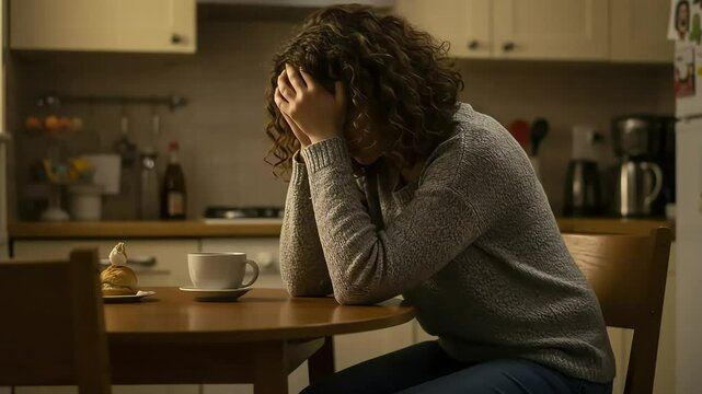 Young Woman Sitting at Kitchen Table with Head in Hands Feeling Stressed or Anxious in Cozy Home Environment