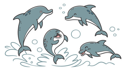 Obraz premium Four happy cartoon dolphins jumping and playing in the water with bubbles