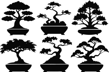 6 Bonsai Tree Silhouettes Vector Set