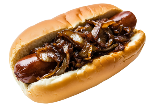 Halal hot dog with caramelized onions in a soft bun isolated on a transparent background 