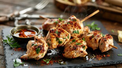 Grilled garlic paprika chicken skewers on dark slate board with caramelized edges, fresh herbs and dipping sauce, rustic kitchen setting