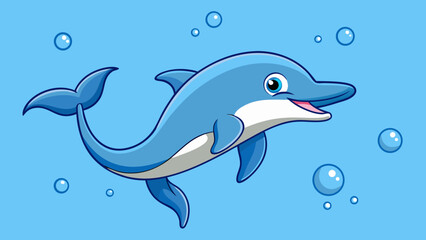 Fototapeta premium Cute cartoon dolphin swimming happily underwater with bubbles
