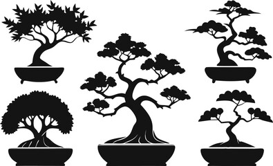 6 Bonsai Tree Silhouettes Vector Set