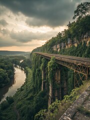 Expansive view of lush green landscape featuring a vintage railroad bridge crossing a river under a dramatic sky.