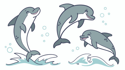 Fototapeta premium Three happy cartoon dolphins jumping and playing in the ocean waves