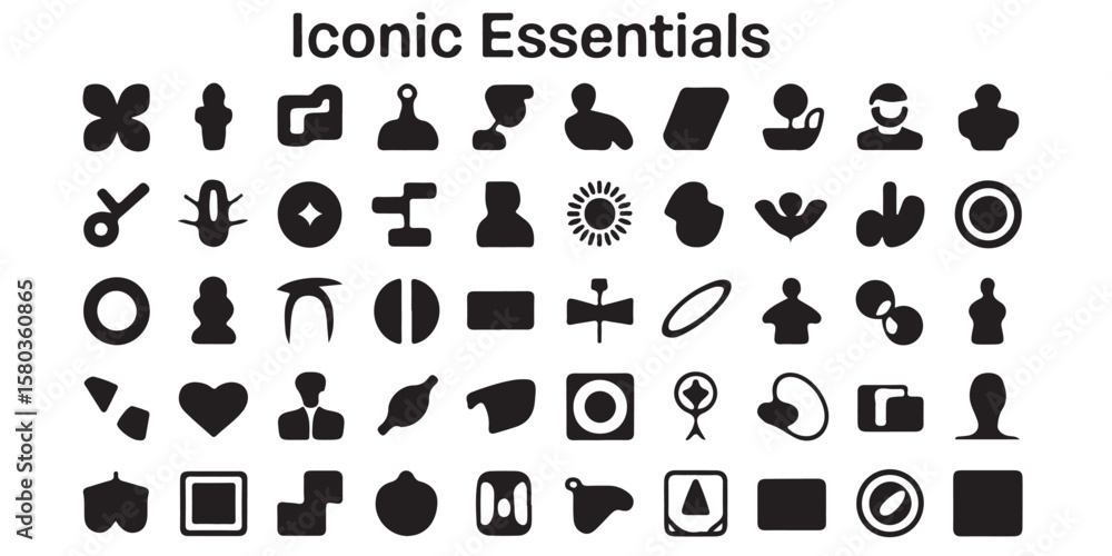 Poster array of various black and white abstract glyphs arranged in rows and columns on a white background