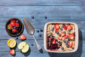 apple blueberry strawberry crumble in baking dish