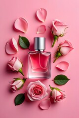 Rose perfume bottle mockup on pink background for beauty and fragrance advertising