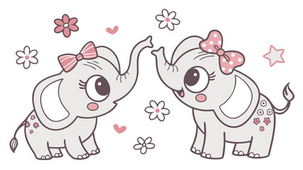 Obraz premium Two cute baby elephants with pink bows and flowers on a white background