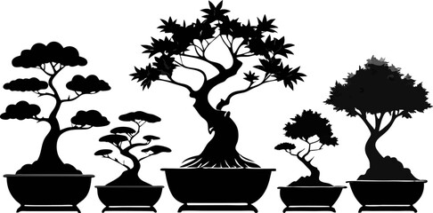 6 Bonsai Tree Silhouettes Vector Set