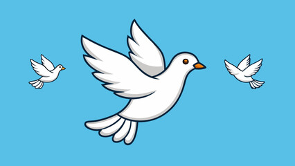 Obraz premium Three white cartoon doves flying across a clear blue sky background