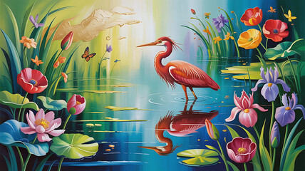 Red heron wading in a pond surrounded by colorful flowers and butterflies