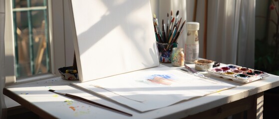 Artist Corner white table with a blank canvas, a palette of watercolors, and a few paintbrushes for creativity.