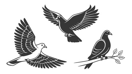 Fototapeta premium Three stylized black silhouette pigeons in flight and perched on a branch