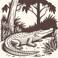 Detailed illustration of a crocodile resting in a lush jungle environment