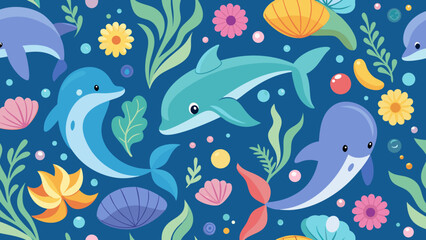 Cute cartoon dolphins swim among colorful seashells and seaweed on a blue background