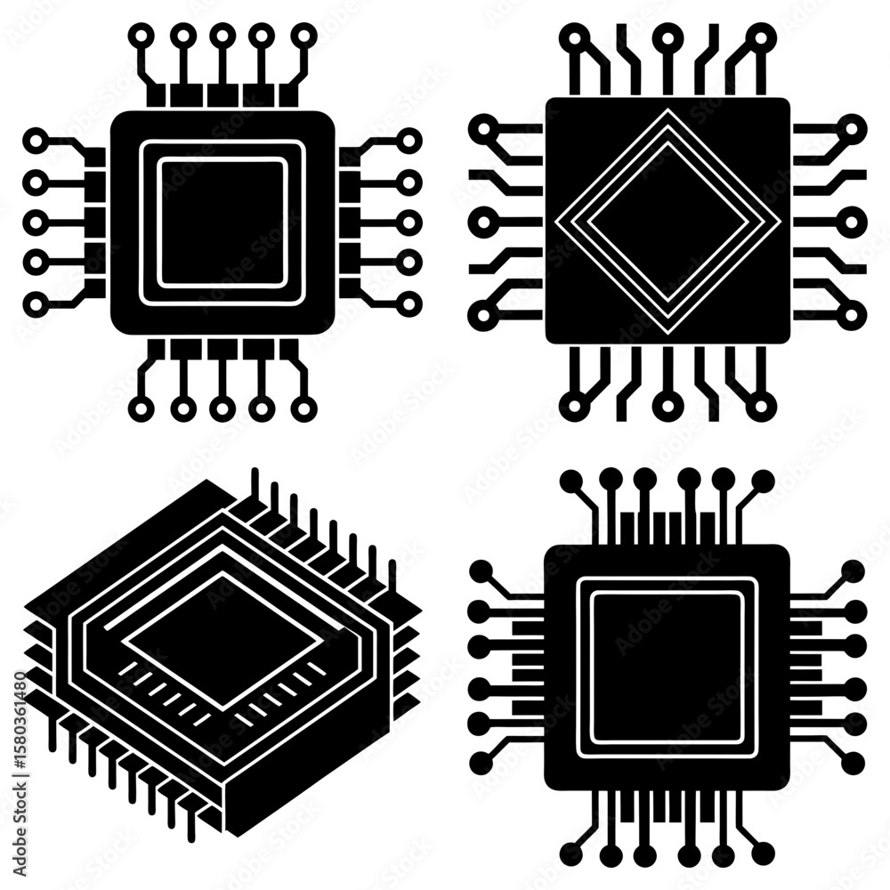 Poster illustration of four black computer chips with multiple pins on a white background design element