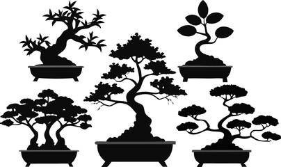 6 Bonsai Tree Silhouettes Vector Set