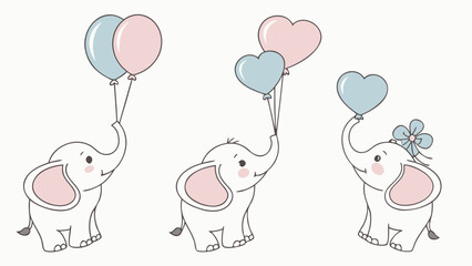 Adorable Baby Elephant Trio with Balloons Pink, Blue, and Grey Nursery Decor