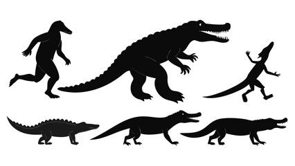 Collection of black silhouette illustrations of crocodiles and alligators in various poses