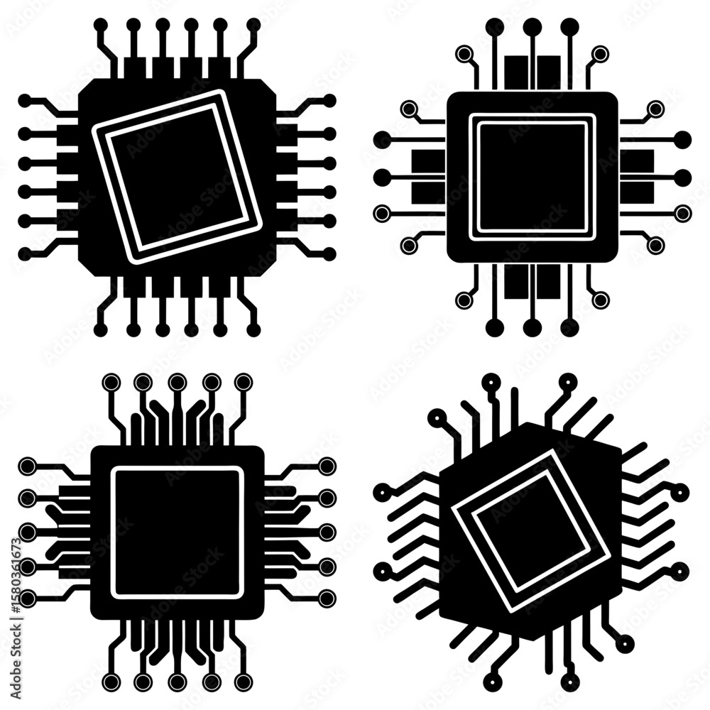 Poster four black and white computer chips with different designs and shapes arranged on a white background