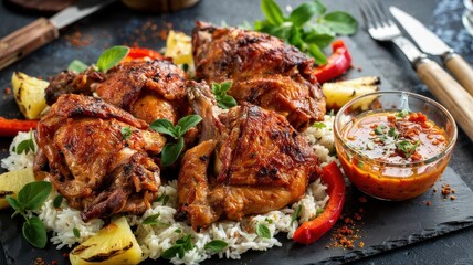 Fototapeta premium Achiote chicken thighs with caramelized skin served on white rice with grilled pineapple and red peppers alongside spiced dipping sauce