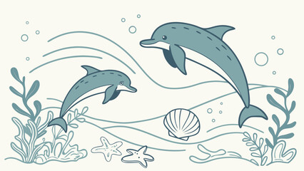Fototapeta premium Two playful cartoon dolphins swim through stylized ocean waves with seaweed and seashells