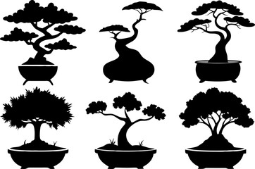 6 Bonsai Tree Silhouettes Vector Set