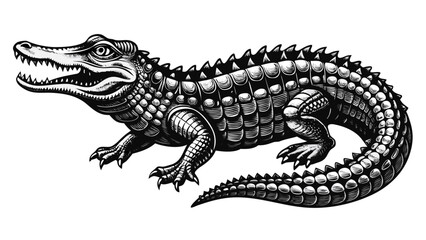 Fototapeta premium Detailed black and white illustration of a fearsome alligator with open jaws and sharp teeth