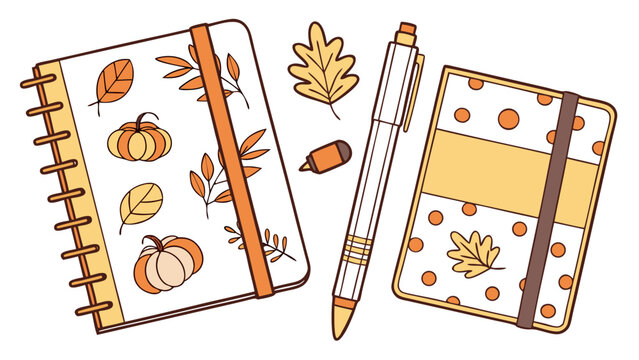 Autumnal stationery set featuring two notebooks a pen and loose leaves and pumpkins perfect for seasonal journaling and planning