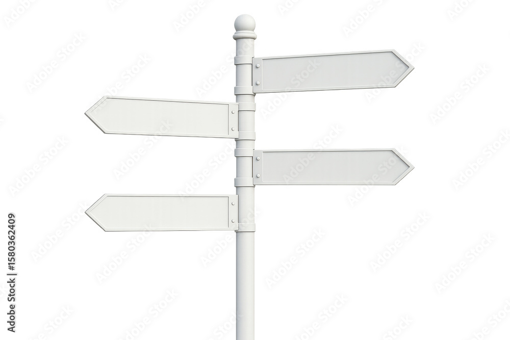 Poster blank directional signpost with four multicolored arrows pointing outward, rendered in sharp 3d agai
