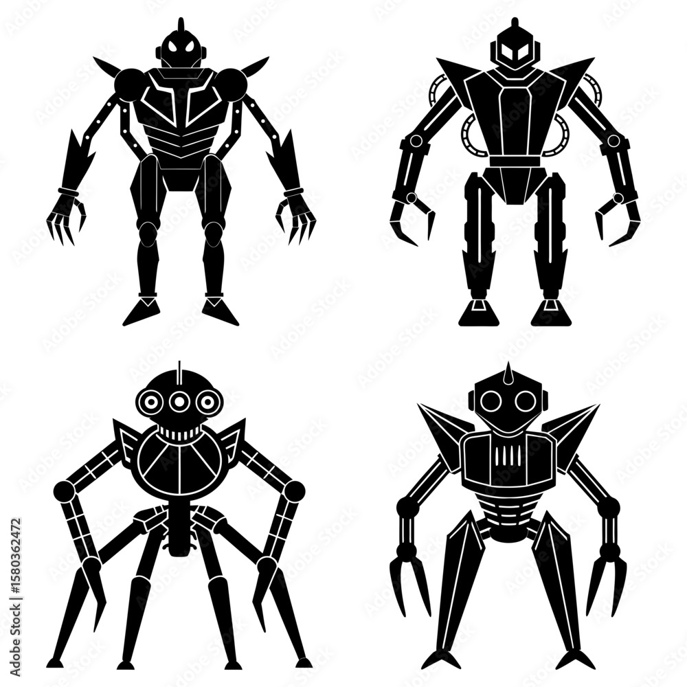 Poster four black and white robot illustrations with different designs and shapes in a square format view