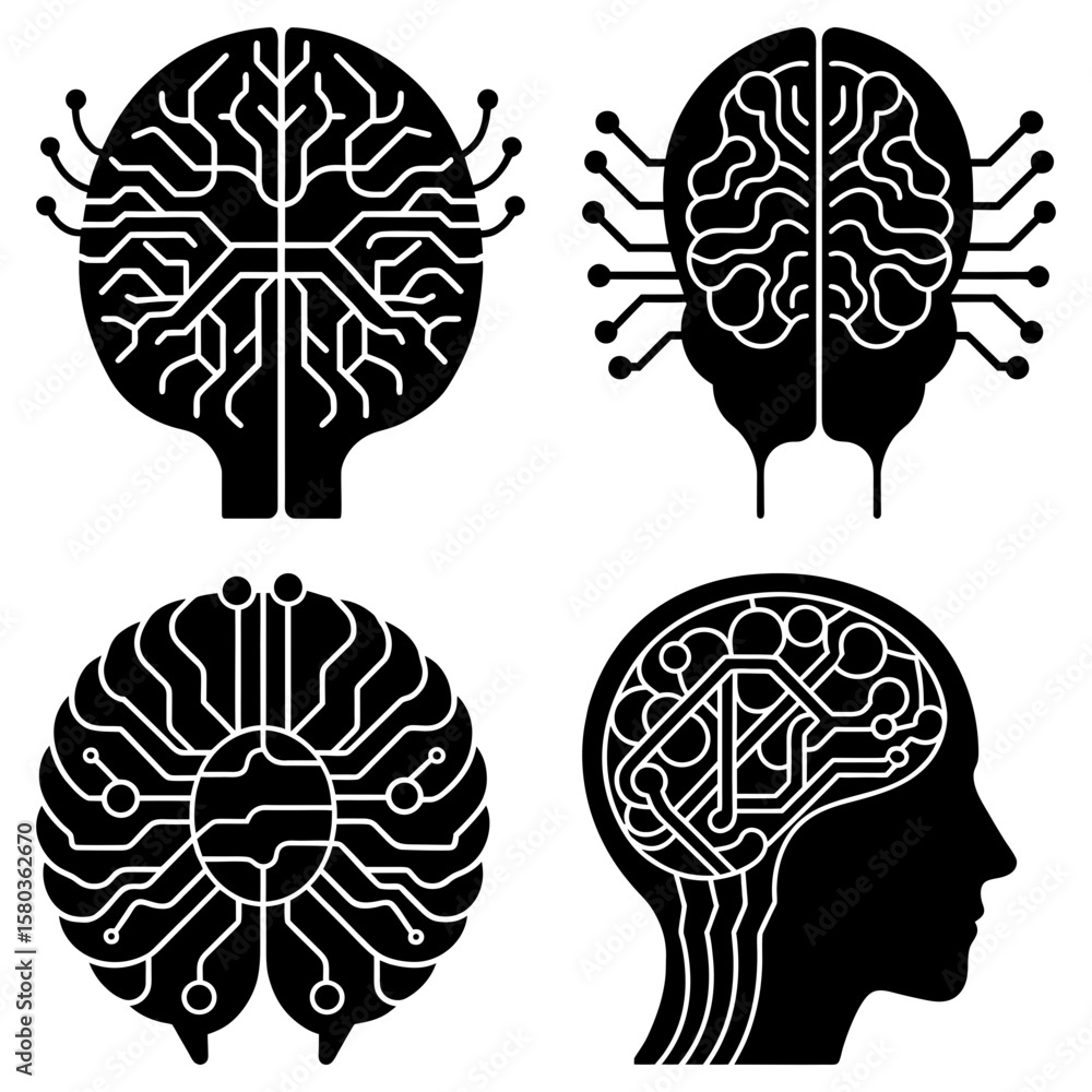 Poster four illustrations of stylized brains with circuit board patterns representing artificial intelligen