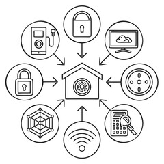 Smart home technology network diagram illustrating connected devices and security