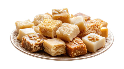 Mix burfi in plate with assorted Indian sweets and festive presentation isolated on white background